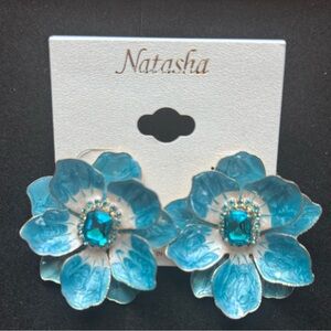 Natasha Couture Blue Floral Stud Earrings with Rhinestone Center